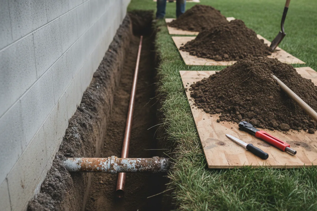 Excavated water line trench during Sewer Line Repair in Pine Grove